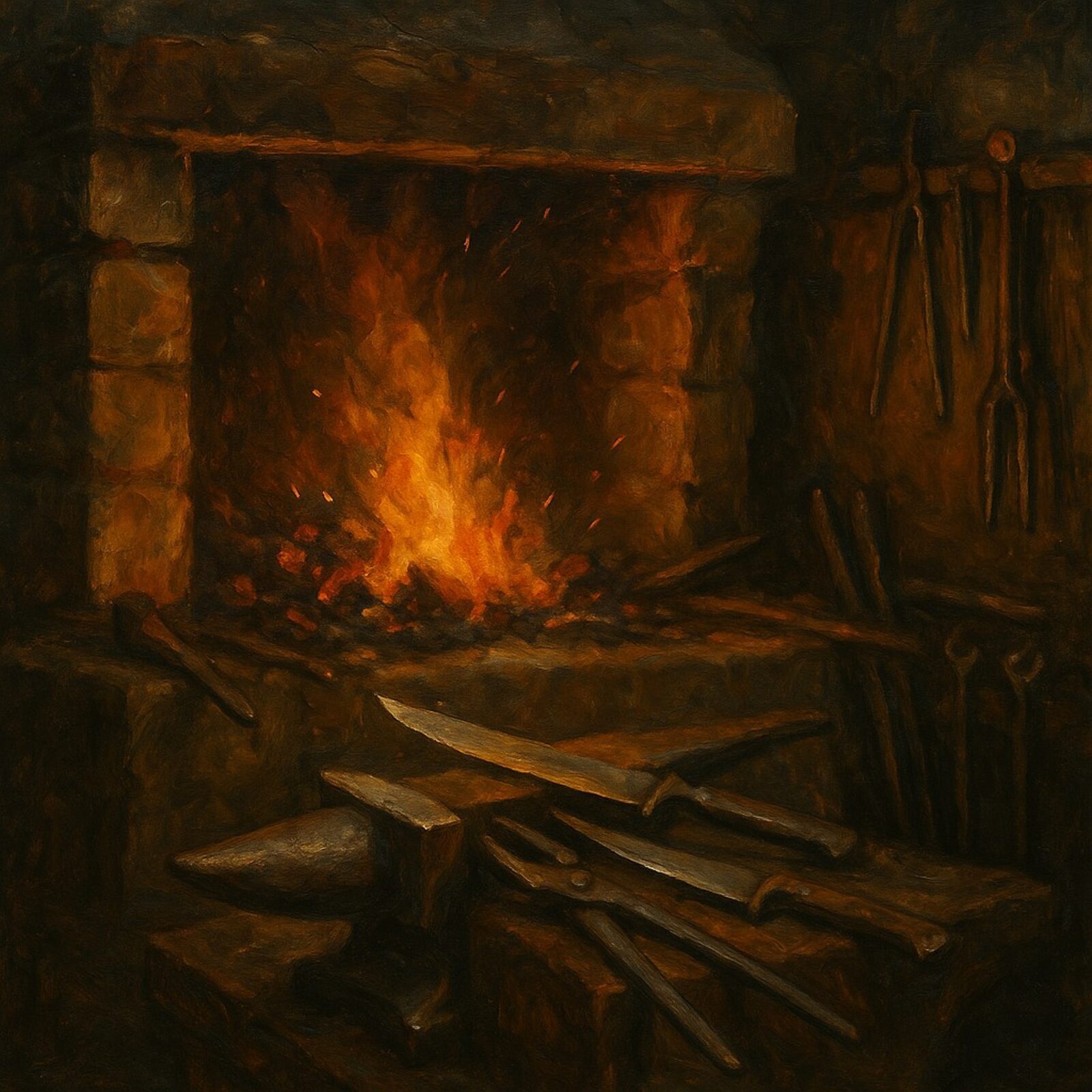 Blacksmith forge with glowing steel and finished knives on the bench