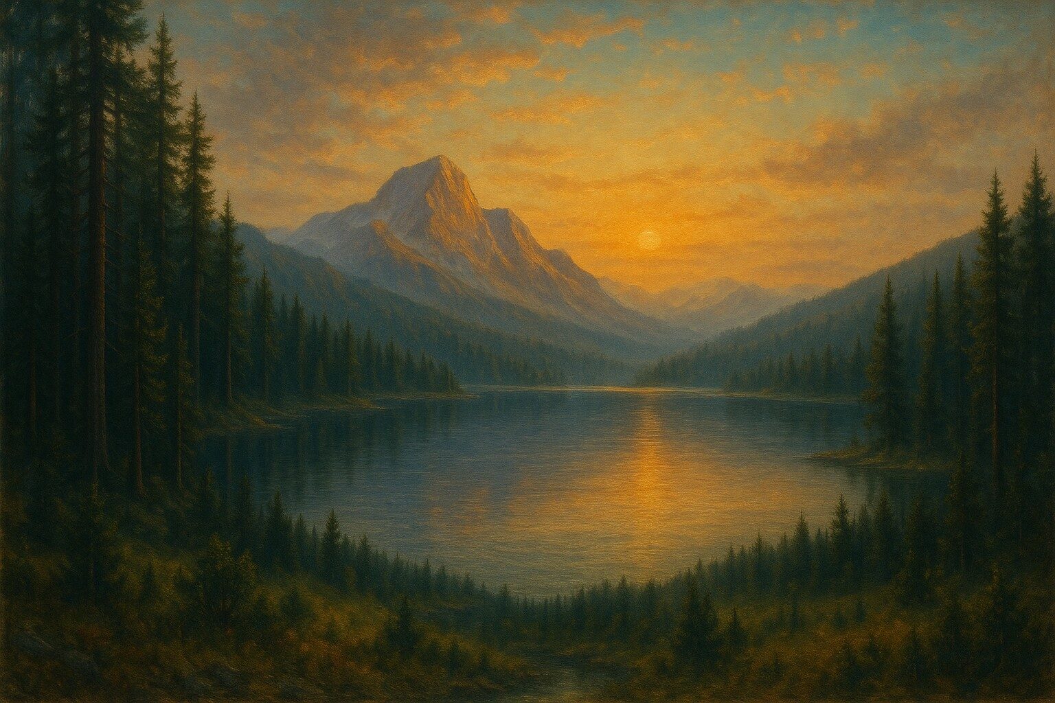 Rugged mountain lake surrounded by pine trees at dawn