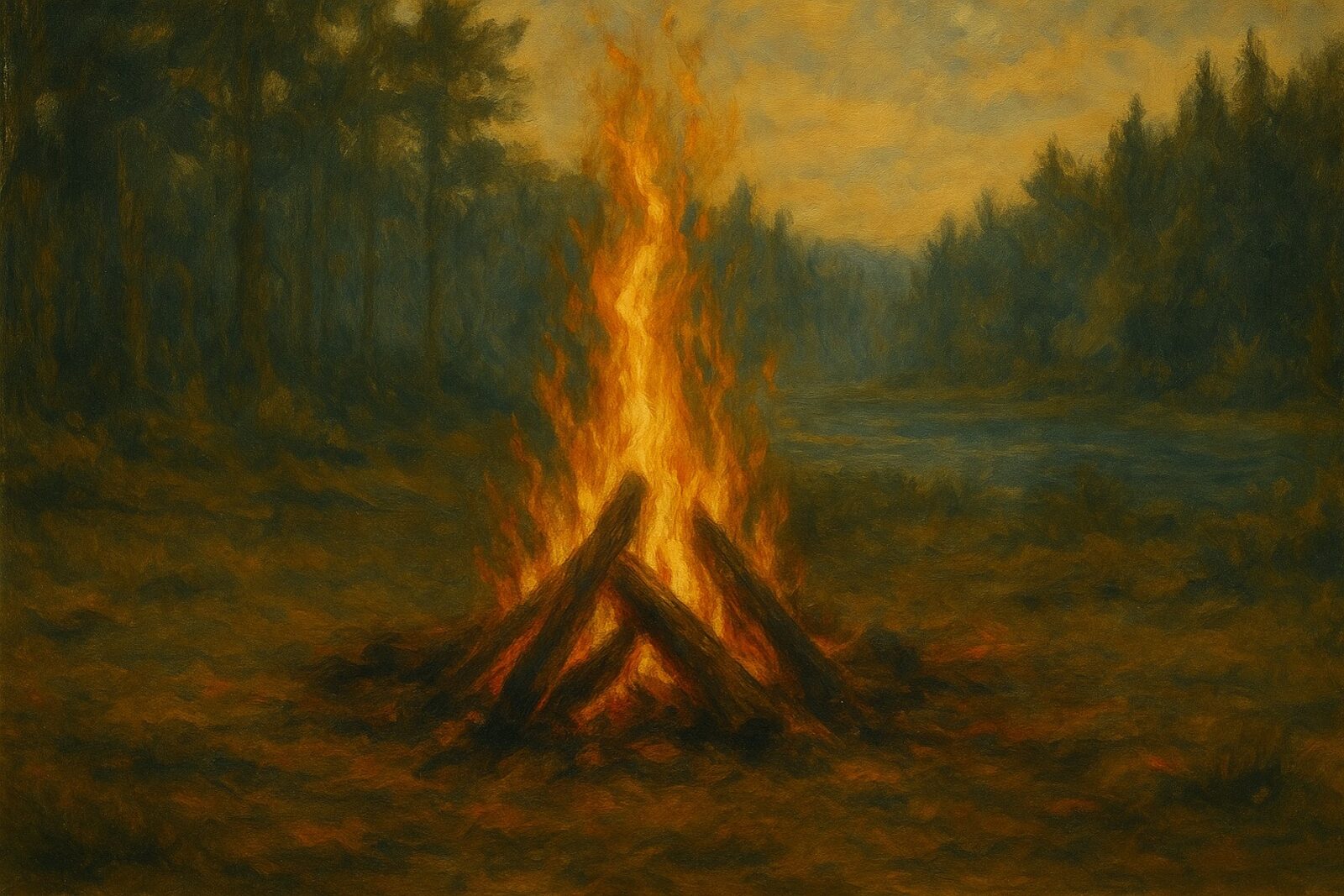 Cast-iron pot and camp apparel scene by the fire