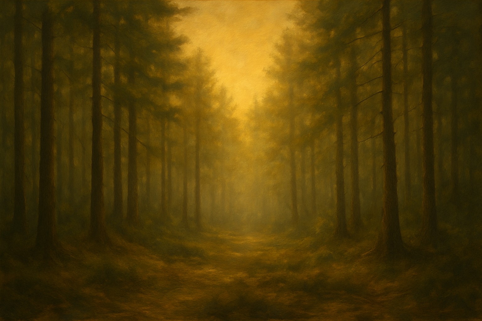 Pine forest trail at sunrise with hunter walking in the distance