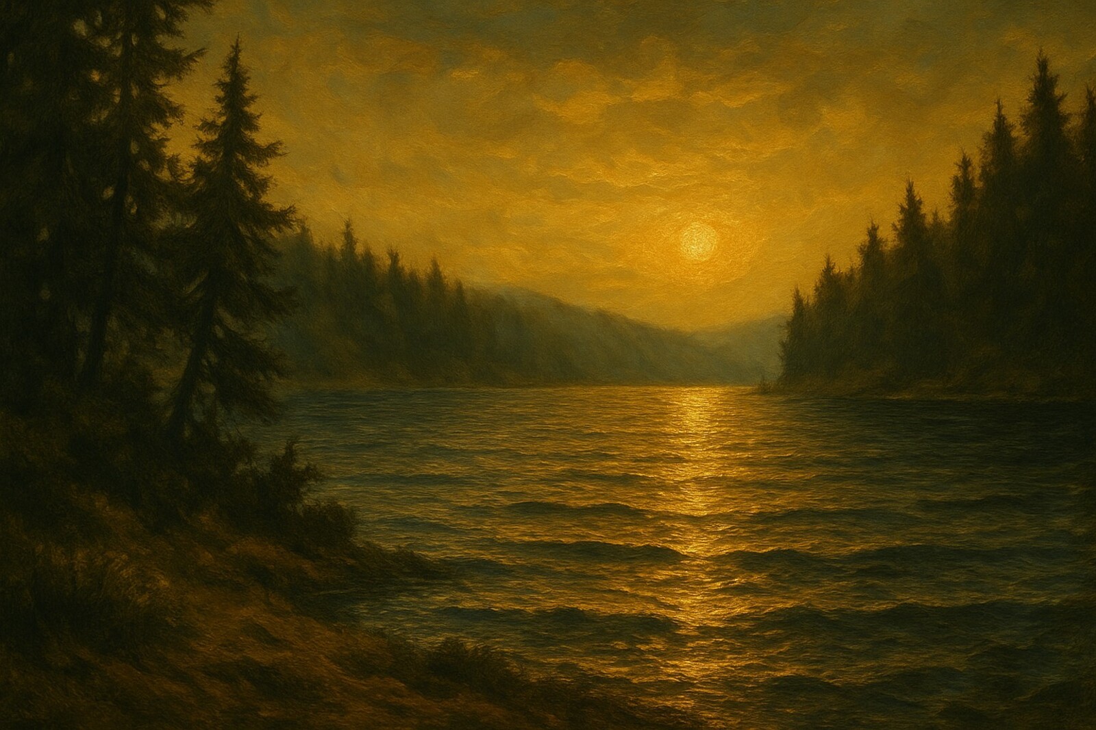 Mountain river at dawn flowing through a pine valley