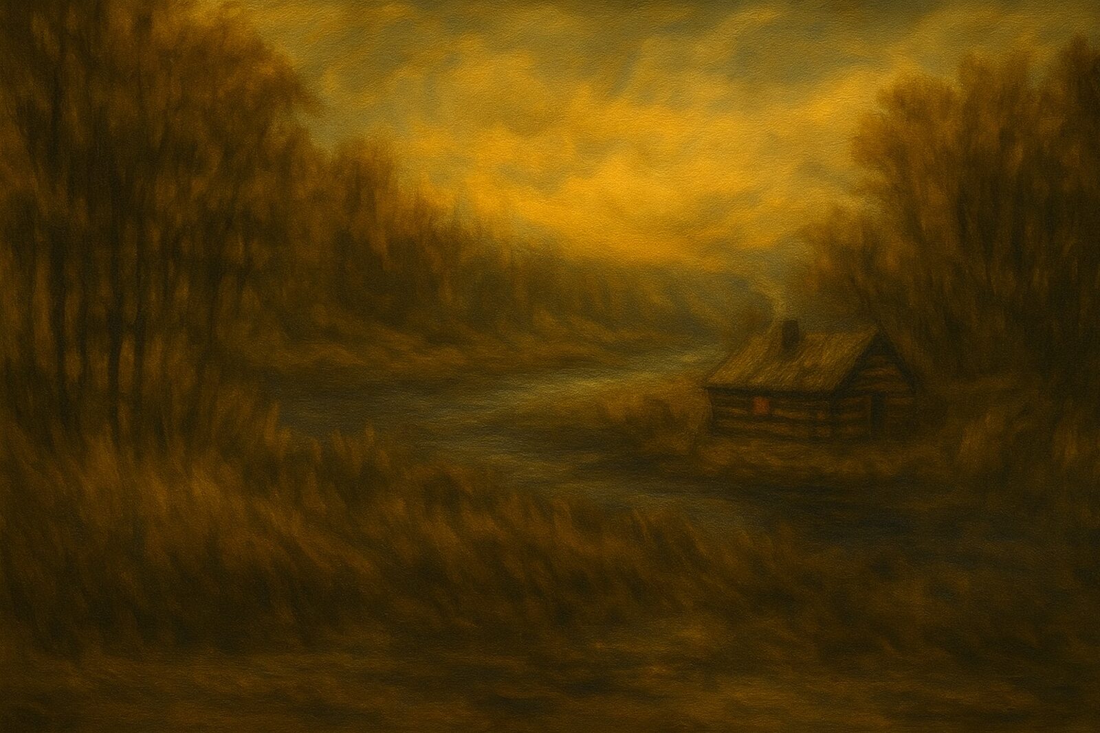 Warm light glowing from a lone cabin in rugged backcountry